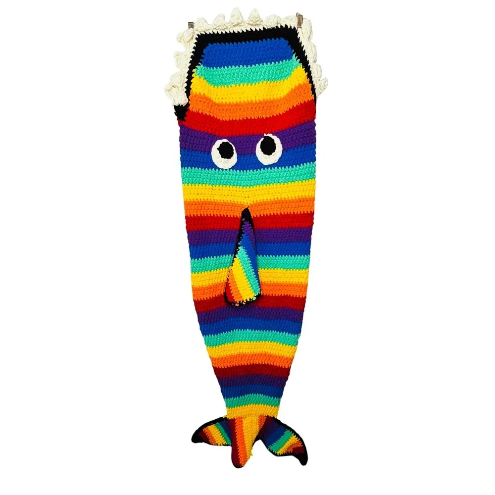 Handmade Hand Knit Rainbow Smiling Shark or Whale Tail Blanket Cocoon 70x20‎
